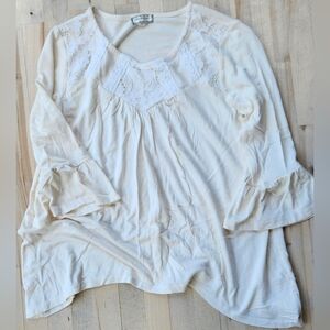 M,Eyeshadow Girls, cream-colored, long-sleeved top,lace trim flowy, asymmetrical